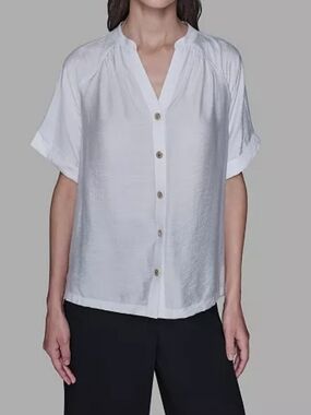 Karl Lagerfeld Paris, XS, Soft White Button-Front Short Sleeve Blouse